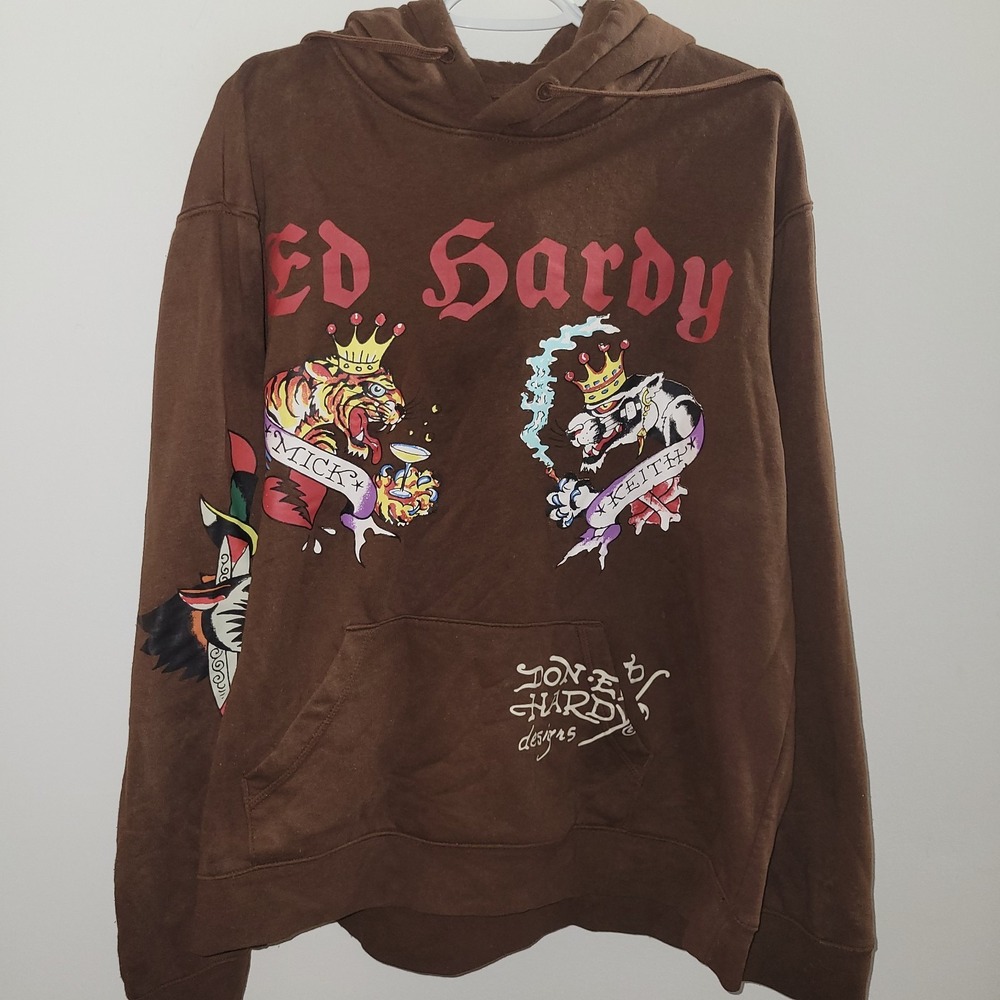 Ed Hardy Panther Tiger Mick & Keith Brown Japan Pullover Hoodie Men Size XL